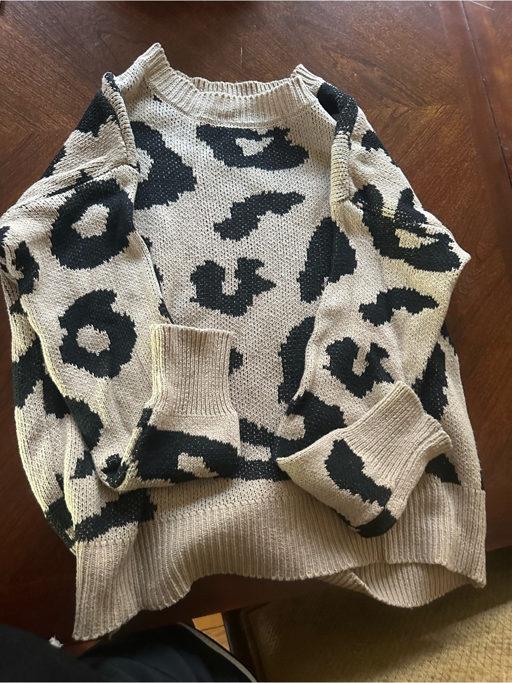 SHEIN Beige and Black Leopard-Print Crewneck Sweater
